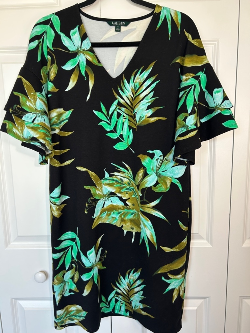 Lauren Ralph Lauren Black Dress with Green and Gold Leaf Print Size Medium - Picture 2 of 6